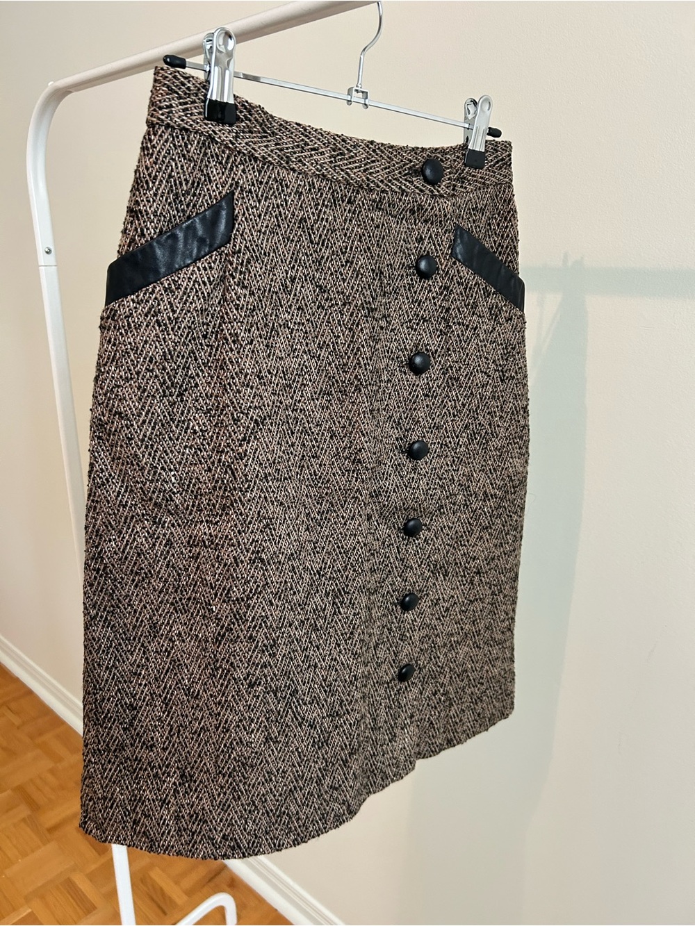 Vintage Wool and Leather Brown Herringbone Button-Front Skirt